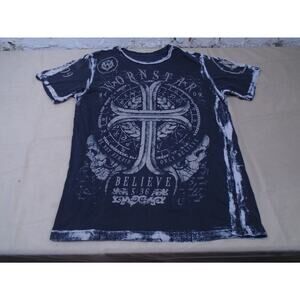 Wornstar T Shirt Black Gray Cross Graphic AOP Affliction Distressed USA Made M
